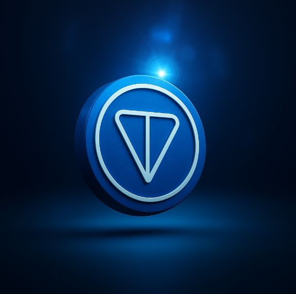 The image features a 3D rendering of a blue coin with a white triangle on it. The coin has a slight curve and appears slightly tilted to the right compared to a standard circular shape. A light source is shining from above, which creates reflections that add depth and dimension to the scene. In the caption below the coin, there's text indicating that the coin represents "TONHOLDERS APPROVED REBRAND FROM TONCOIN TO GRAM IN 81% VOTE, EFFECTIVE JUNE 15". This suggests a connection between the coin design and an event or promotion related to Bitcoin and blockchain technology.