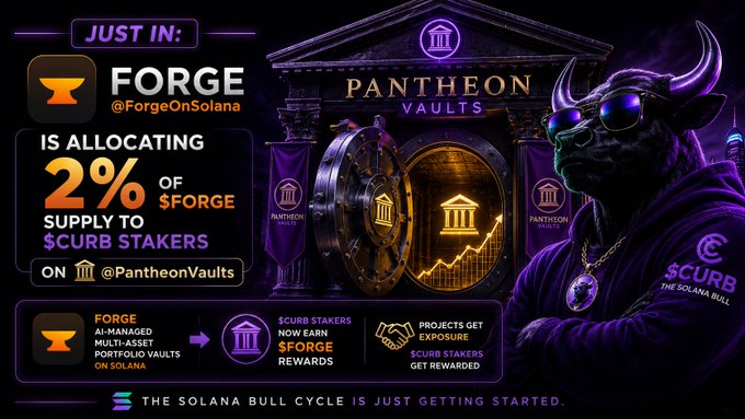 A promotional graphic announcing that Forge (@ForgeOnSolana) is allocating 2% of $FORGE supply to $CURB stakers on @PantheonVaults, featuring a bull character wearing a "$CURB" hoodie alongside a vault illustration and text highlighting AI-managed multi-asset portfolio vaults on Solana, with the tagline "The Solana Bull Cycle Is Just Getting Started."