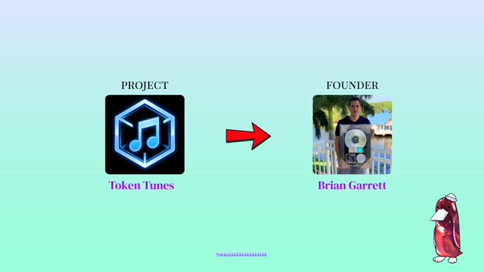 An info graphic displaying the "Token Tunes" project on the left, marked by a blue hexagonal music note logo, with a red arrow pointing to the founder, Brian Garrett, shown in a photo on the right, visually linking the two-phase music platform concept described in the tweet.