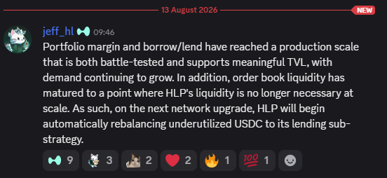 The image shows a Discord message from user "jeff_hl" posted on August 13, 2026, announcing that Hyperliquid's (HLP) portfolio margin and borrow/lend have reached production scale, meaning TVL demand continues to grow and HLP liquidity is no longer necessary at scale—leading to automatic rebalancing of underutilized USDC to lending on the next upgrade. The message directly supports the caption by confirming Jeff's return with an official Hyperliquid (HLP) protocol update.