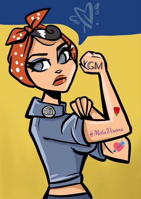 Digital illustration of a stylized female character with a red polka-dot headscarf flexing her arm, which displays tattoos including a heart, rose, '#MetaVixens', and 'GM' on her fist, against a blue and yellow background.