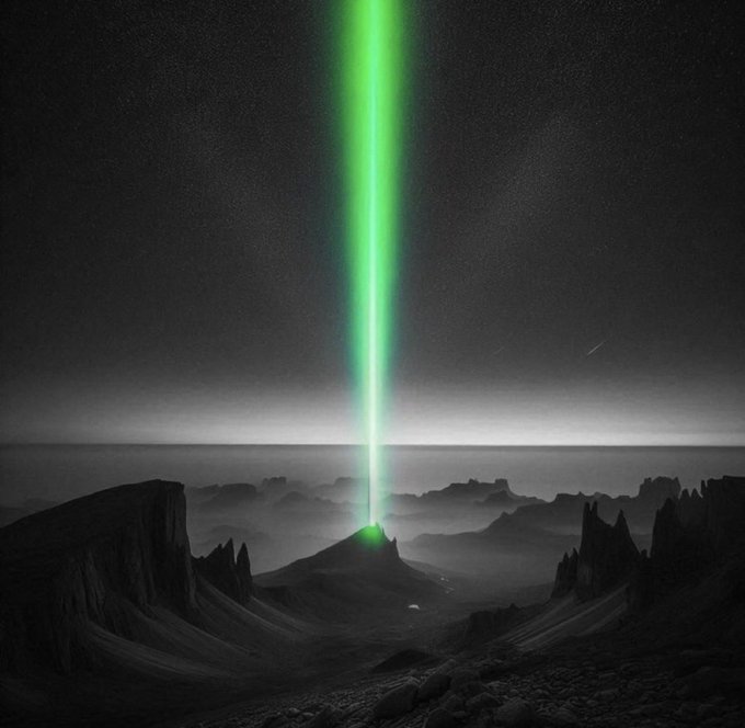 A dramatic digital artwork depicting a barren mountainous landscape at night with a bright green beam of light shooting up from a mountain peak into the dark sky.