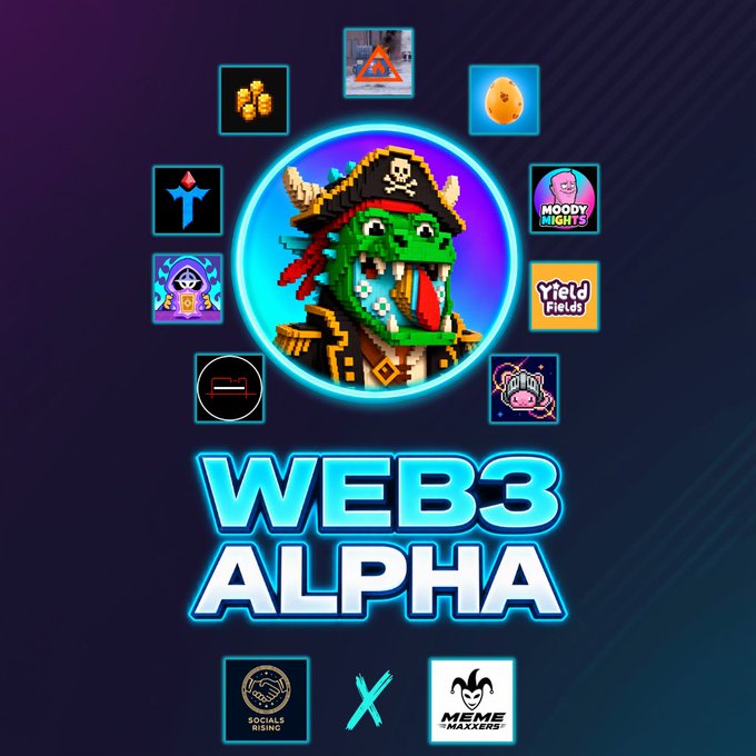 A promotional graphic for 'WEB3 ALPHA' featuring a pixel-art green crocodile pirate in the center, surrounded by various NFT/crypto project icons, with 'SOCIALS RISING x MEME MAXERS' at the bottom.