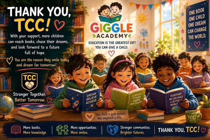 A promotional graphic for Giggle Academy featuring animated children reading books, with a thank-you message to TCC ('Thank you, TCC!') for supporting education.