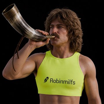 A man with long hair and a mustache blows into a horn while wearing a bright yellow crop top with the text 'Robinmilfs' printed on it.