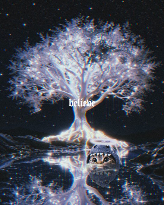 A fantasy digital artwork showing a luminous white tree with the word 'believe' across its trunk, with a cat wearing a shark costume reflected in the water below against a starry night sky.