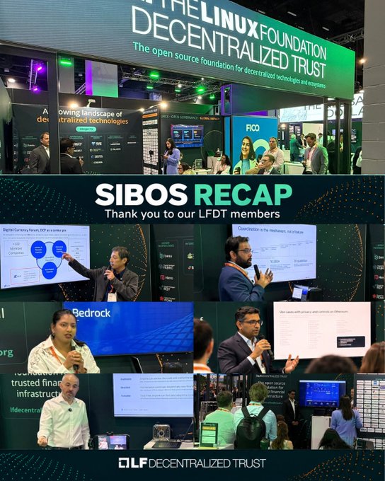 A collage of photos summarizing the "SIBOS RECAP" event, featuring the "THE LINUX FOUNDATION DECENTRALIZED TRUST" banner and various presenters at the "lfdecentralizedtrust" booth.