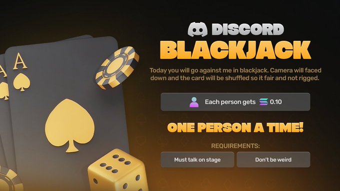 The image is a Discord announcement for a "BLACKJACK" game where participants can win 0.10 each, with requirements to talk on stage and not be weird, while the post promotes a 1 SOL crypto giveaway requiring follows, retweets, and comments with a SOL address.
