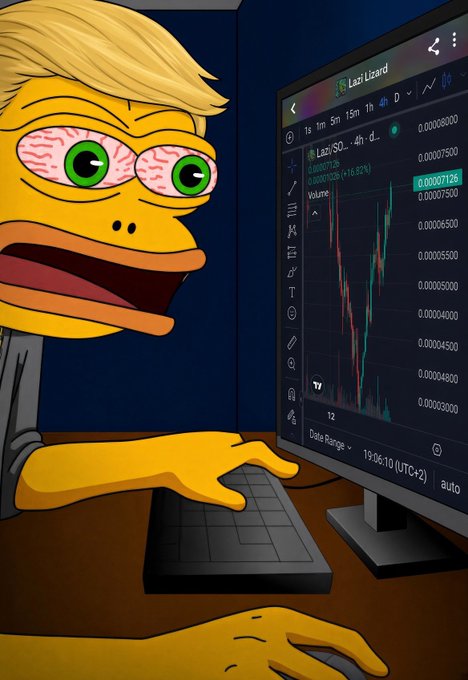 A cartoon duck character with bloodshot green eyes intensely stares at a TradingView chart displayed on a monitor, showing data for 'Lazi Lizard' with a price of 0.00007128 and volume details.