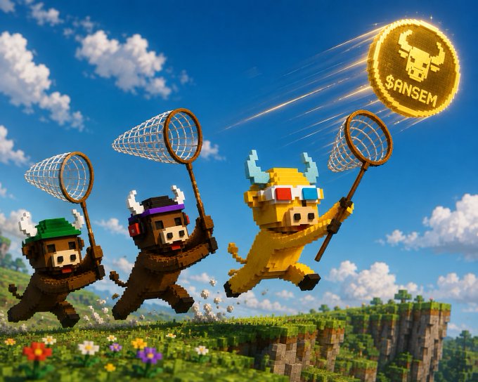 A 3D Minecraft-style rendering of three pixel-art characters wielding butterfly nets, chasing a glowing '$ANSEM' coin across a blocky grassy landscape.