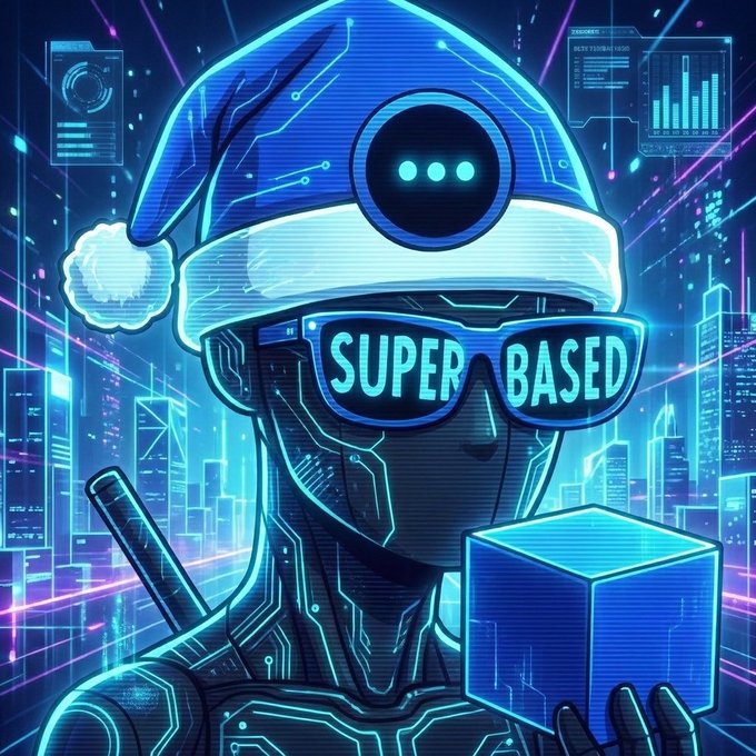 The image features a person wearing a blue Santa hat, sunglasses, and holding a blue cube-shaped object that says "super based". The background of the image shows a city skyline with buildings and neon lights, creating an urban atmosphere. The caption above the image reads "BM FAM Waking up feeling good this morning @base is moving steady, people are building, volume is coming in, and the energy stays strong No heavy talk we're just locking in consistently This one is going to be big with time Who else is chilling and building on $Base today?". The combination of elements in the image suggests that the person wearing the Santa hat might be a character or an individual who is actively involved in a project related to the "super based" concept.