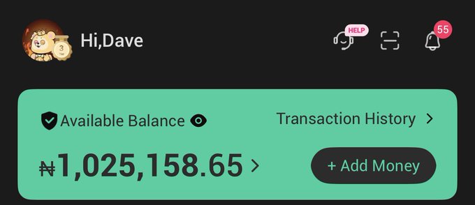 A mobile wallet app screen greeting 'Hi, Dave' with an 'Available Balance' of '₦1,025,158.65' in Nigerian Naira and an '+ Add Money' button.
