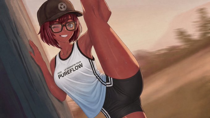An anime-style illustration of a red-haired woman wearing glasses and a 'PUREFLOW LE SSERAFIM TOUR' tank top, leaning against a tree in an athletic pose.