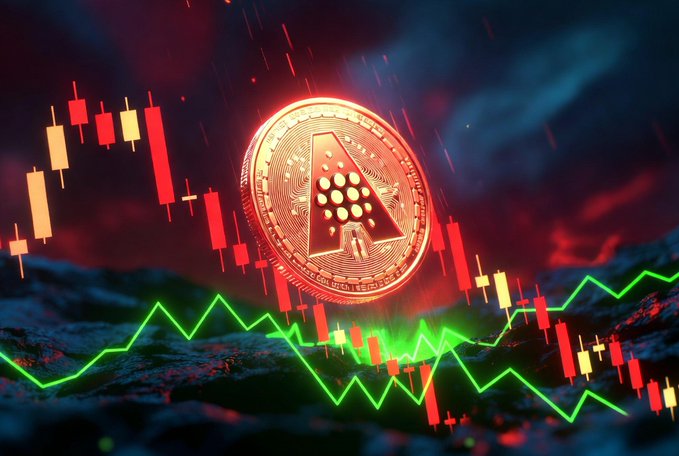 A glowing red Cardano (ADA) coin is prominently displayed amid falling candlestick charts and a declining green trend line, visually emphasizing the cryptocurrency's sharp downturn. The fiery red tones and bearish price action directly illustrate the post's message about ADA's over 40% decline and the heavy selling pressure weighing on the altcoin.