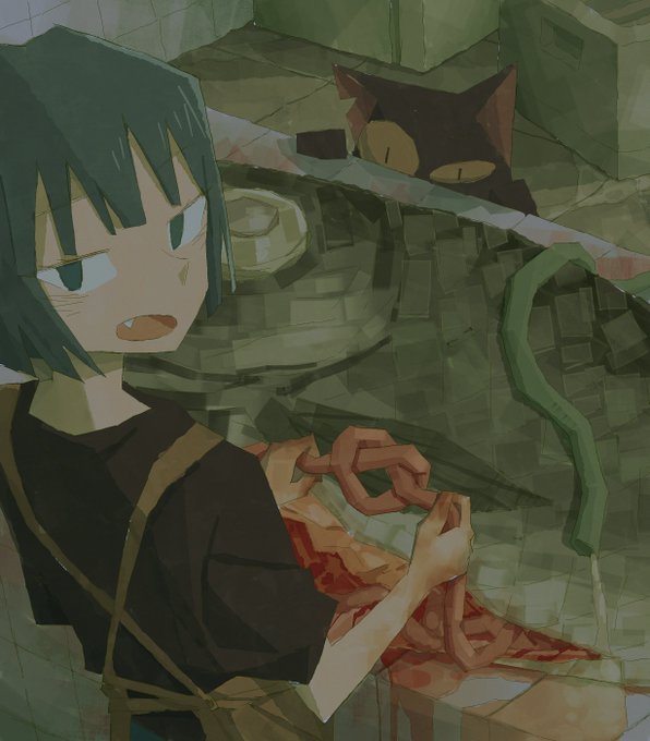 An anime-style illustration showing a dark-haired character in the foreground while a large black cat peers out from a green, textured environment in the background.