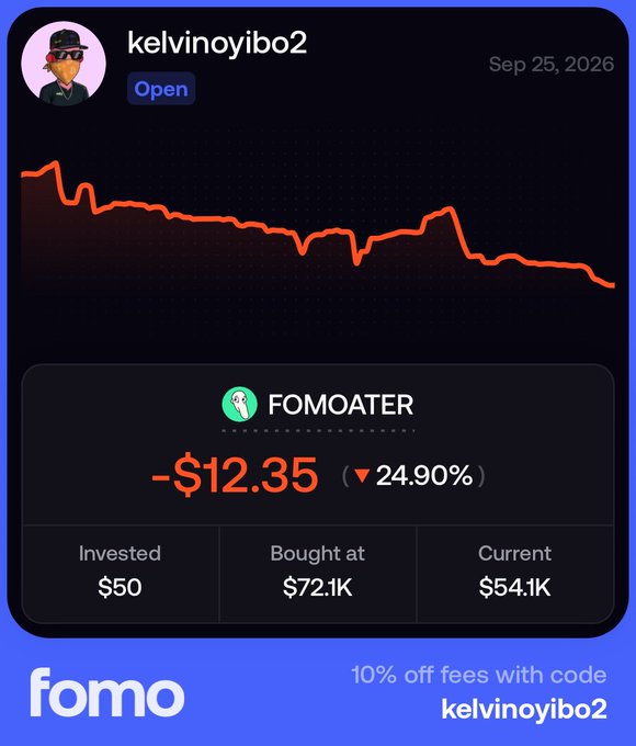 A screenshot from the Fomo app shows user kelvinoyibo2's "FOMOATER" portfolio down 24.90% (-$12.35), with the current value at $54.1K against a $72.1K buy-in, on a $50 investment as of Sep 25, 2026—visually reinforcing the caption "Fomo hates me NGL" through the sharply declining red chart and significant loss.