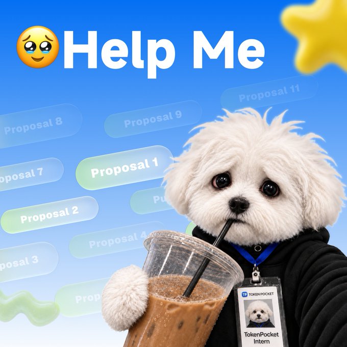 A graphic features a white fluffy dog wearing a black hoodie drinking iced coffee from a clear cup, set against a blue background with 'Help Me' text and various 'Proposal' buttons.