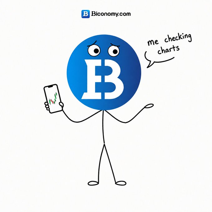 A cartoon illustration on Biconomy.com featuring a blue circle character with a 'B' logo looking nervous while holding a phone with green charts, captioned 'me checking charts'.