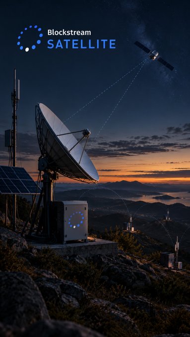 A promotional image for 'Blockstream SATELLITE' features a large satellite dish and mining equipment set against a mountainous landscape at sunset, with a satellite overhead connected by dotted signal lines.