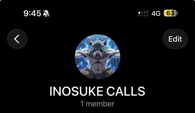 A Discord-style group call screen titled 'INOSUKE CALLS' with '1 member,' featuring a profile picture of the anime character Inosuke Hashibira from Demon Slayer.