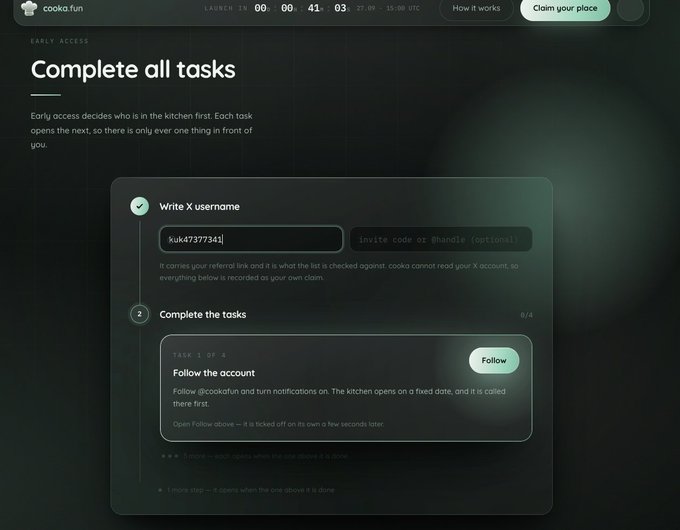 A 'cooka.fun' early access page titled 'Complete all tasks' showing a form with username 'kuk47377341j' and tasks to follow an account on X.