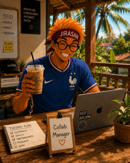 An anime-style illustration depicts an orange-haired man with glasses wearing a blue France soccer jersey and a 'JIRASAN' headband, holding an iced coffee at a desk with a 'Collab Manager' sign and a 'TUESDAY PLAN' checklist.