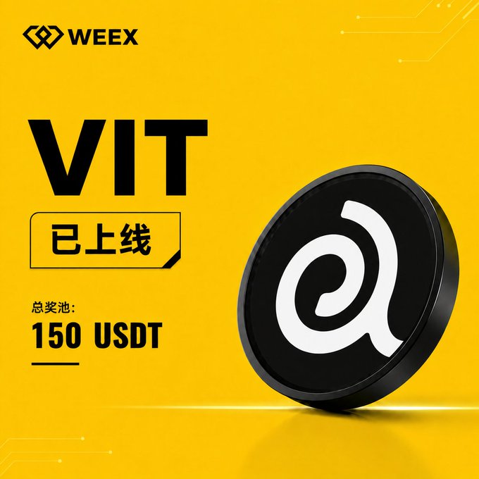 The image is a yellow promotional graphic from WEEX announcing the listing of $VIT (marked "已上线" meaning "Now Live") with a total prize pool of 150 USDT, featuring a large black coin with the VIT logo on the right side.

This visual directly supports the post's announcement of WEEX's new $VIT listing by prominently displaying the token ticker, exchange branding, and the 150 USDT giveaway reward pool that traders can earn by participating in spot trading.