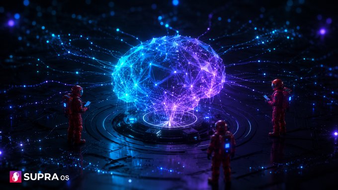 Three figures in red suits gather around a glowing neural network visualization, symbolizing the team's pursuit of advanced AI infrastructure. The "SUPRA OS" logo in the corner ties the futuristic scene to Supra Labs' parallel efforts in launching EVM on mainnet and developing AI tools.