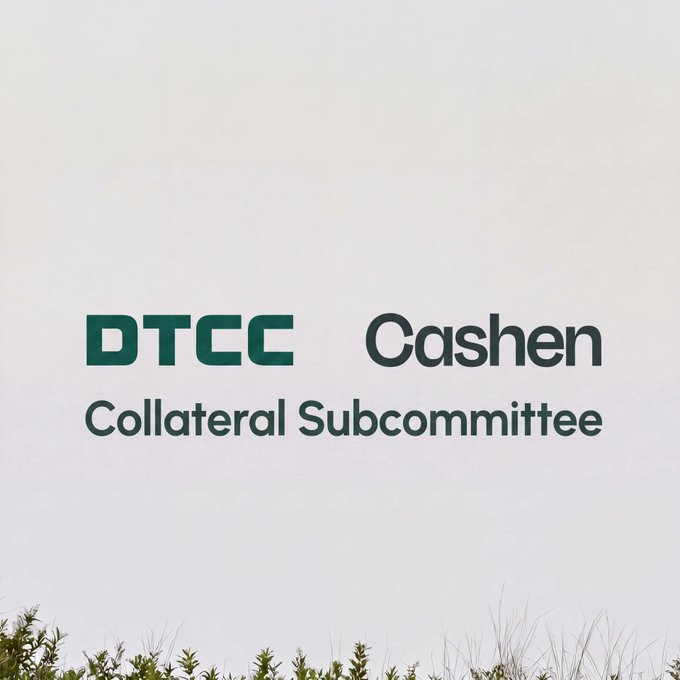The image displays the DTCC and Cashen logos with the text "Collateral Subcommittee" beneath them, visually representing the new collaboration where Cashen joins the Canton Foundation's Collateral Subcommittee chaired by DTCC.