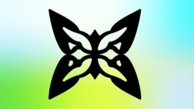 A black symmetrical butterfly silhouette logo displayed on a gradient background transitioning from green to blue.