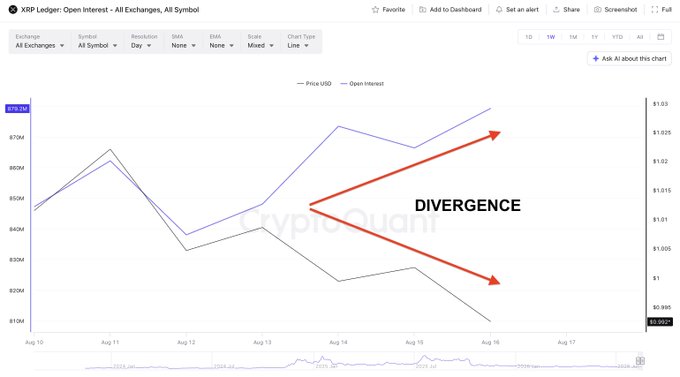 A CryptoQuant chart of XRP's open interest on all exchanges shows a divergence from August 10–16, 2024, where open interest rises from ~$50M to a peak above $85M while XRP/USD price declines from ~$1.02 toward $1.00, visually supporting the post's claim that aggressive short bets are mounting despite whale defense.