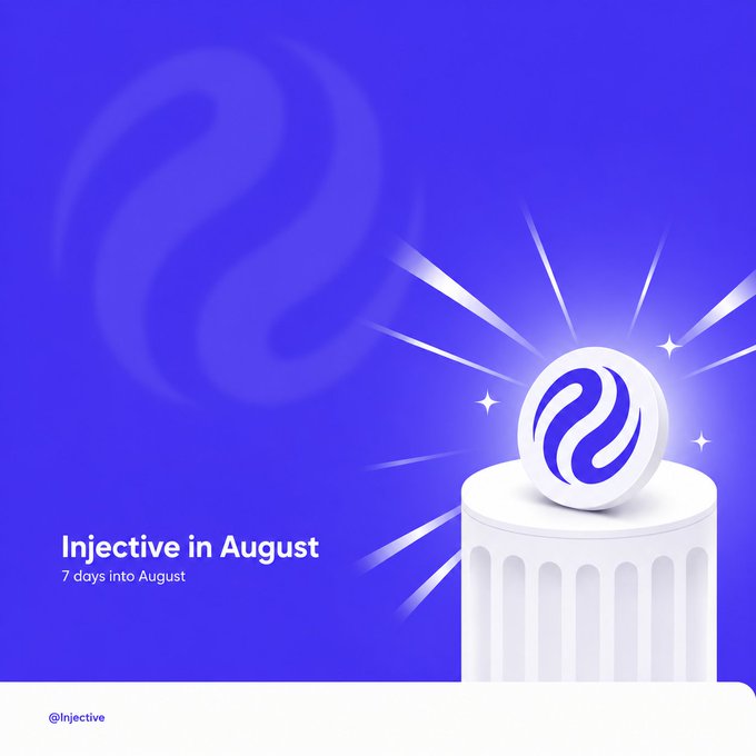 A promotional graphic on a purple background displays "Injective in August - 7 days into August" alongside a white pedestal holding a glowing Injective logo.