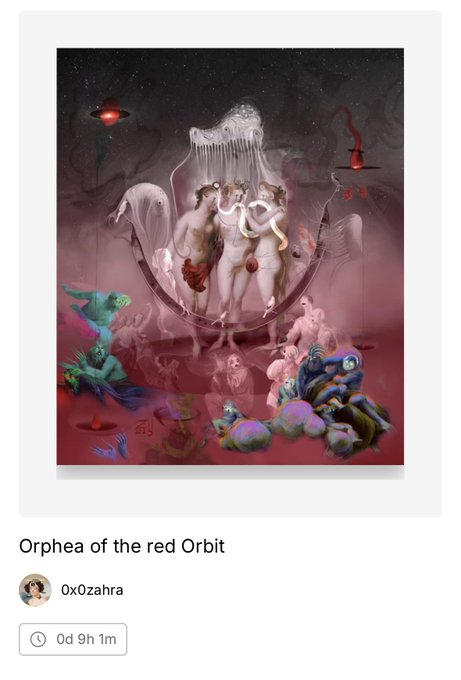 urn of three white figures with red hair and tails, holding a red flag, surrounded by pink and purple creatures on a red platform.