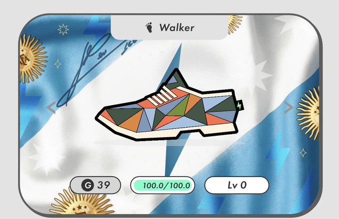 A digital card from a game showing a geometric-patterned sneaker labeled 'Walker' with stats G 39, 100.0/100.0, and Lv 0, set against an Argentinian flag background.