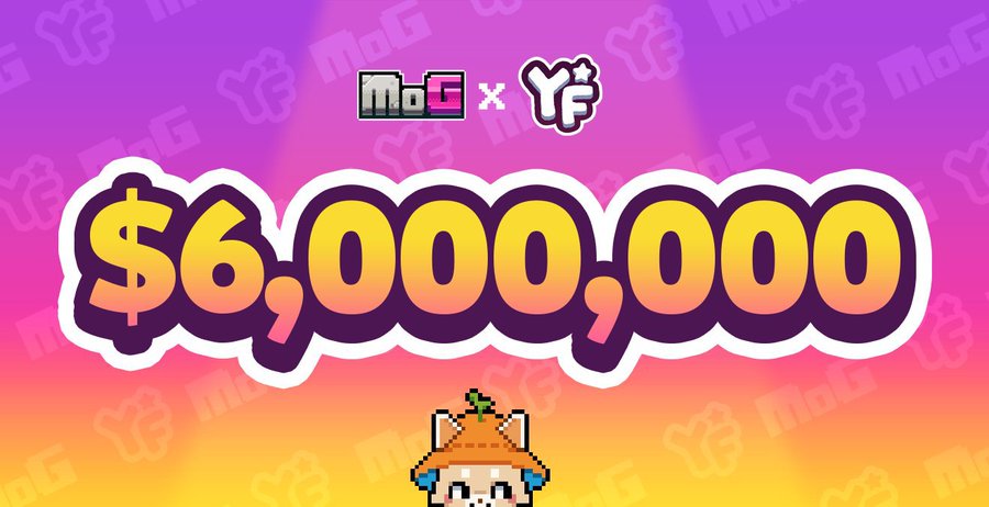 A promotional graphic with a purple-to-orange gradient background displays 'MoG x YF' logos and large text reading '$6,000,000' above a pixel art character wearing an orange fox hat.
