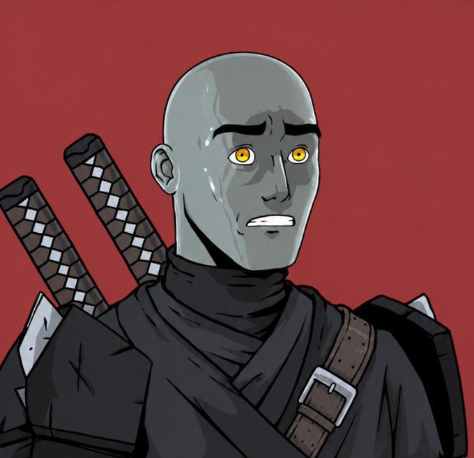A digital illustration of a bald, gray-skinned warrior with yellow eyes wearing dark armor, with two swords strapped to his back, set against a red background.