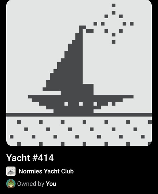 A pixel art image of a wizard hat labeled "Yacht #414" from "Normies Yacht Club" and "Owned by You."