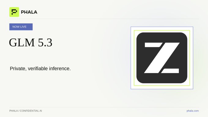 A minimalist promotional slide from Phala announces 'GLM 5.3' as 'NOW LIVE,' describing it as 'Private, verifiable inference' with a stylized Z logo.