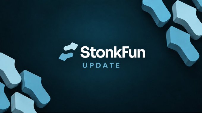A logo/title card for 'StonkFun UPDATE' with a dark blue background and abstract blue arrow-like shapes.