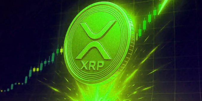 A glowing green XRP (Ripple) cryptocurrency coin is displayed against a dark background with a candlestick price chart trending upward, symbolizing a bullish market.
