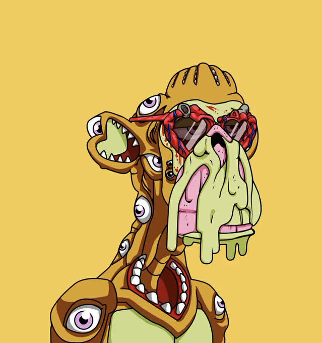 A cartoon illustration depicts a grotesque, melting creature with multiple eyes, sharp teeth, and bleeding goggles against a yellow background.