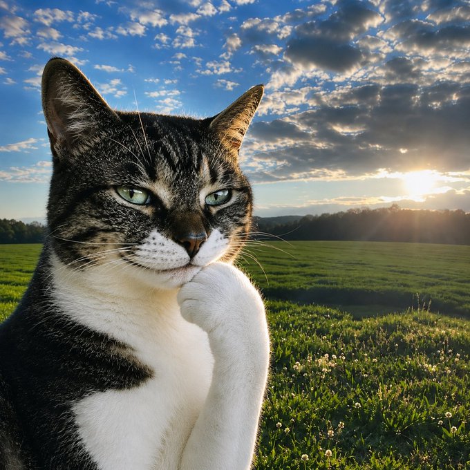 A tabby cat with green eyes poses thoughtfully in a sunlit grassy field under a partly cloudy sky at sunset.