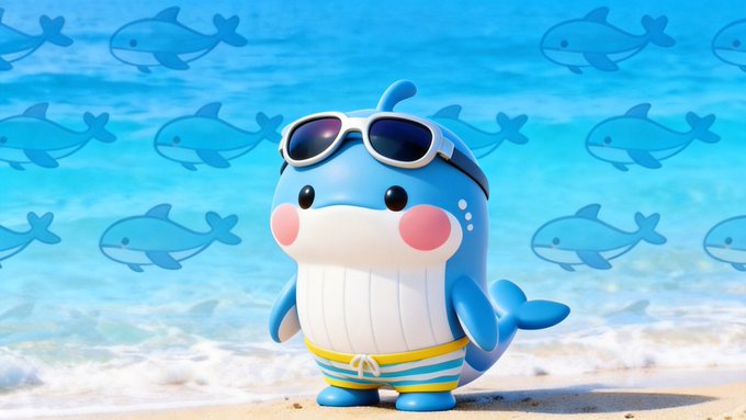 A 3D illustration of a cute blue whale character wearing sunglasses and yellow-striped swim shorts, standing on a beach with fish silhouettes in the background.