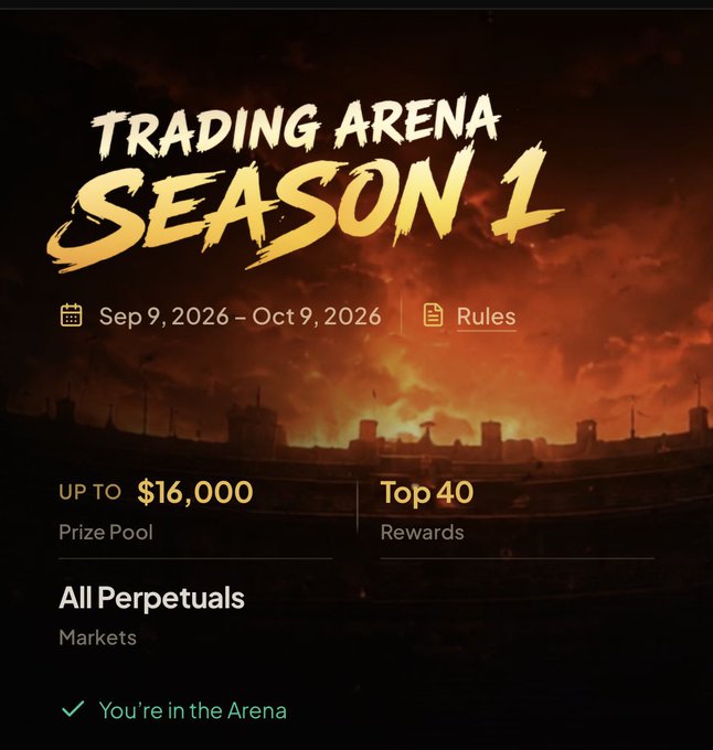 A promotional graphic for 'Trading Arena Season 1' running from Sep 9, 2026 – Oct 9, 2026, featuring a fiery background, a prize pool of up to $16,000, Top 40 rewards, All Perpetuals markets, and a checkmark indicating 'You're in the Arena'.