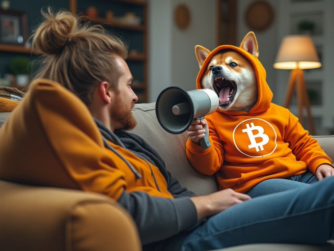 A man sits on a couch as a Shiba Inu in an orange Bitcoin hoodie barks into a megaphone next to him.
