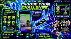 Promotional graphic for 'GREEN CHALLENGE' featuring text 'CHOOSE YOUR CHALLENGE' with mobile phone mockups and prize details, displaying dates July 17 – July 31.
