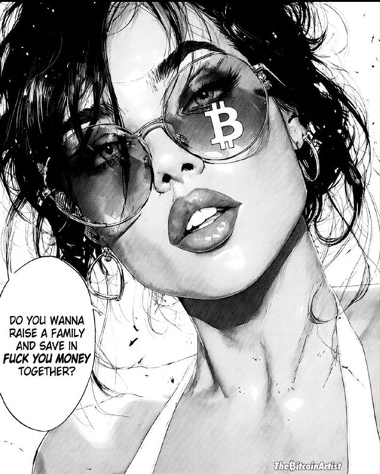 A black and white comic-style illustration of a woman wearing sunglasses with a Bitcoin (₿) logo reflected in the lens. A speech bubble reads, 'DO YOU WANNA RAISE A FAMILY AND SAVE IN FUCK YOU MONEY TOGETHER?' with 'TheBitcoinArtist' credited in the corner.