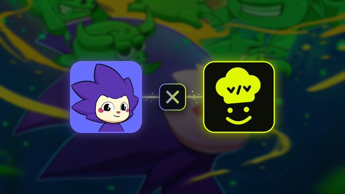 A graphic showing two app icons separated by an "X" - a purple spiky-haired character on the left and a yellow smiley face chef icon on the right, displayed against a cartoonish nighttime background.