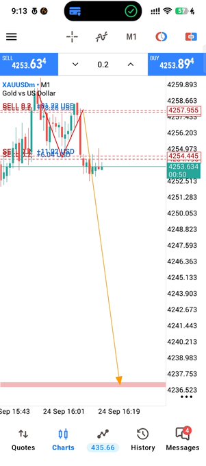 A mobile trading app screenshot shows a XAUUSDm (Gold vs US Dollar) chart with a sell order annotation pointing to the 4253.634 price level.