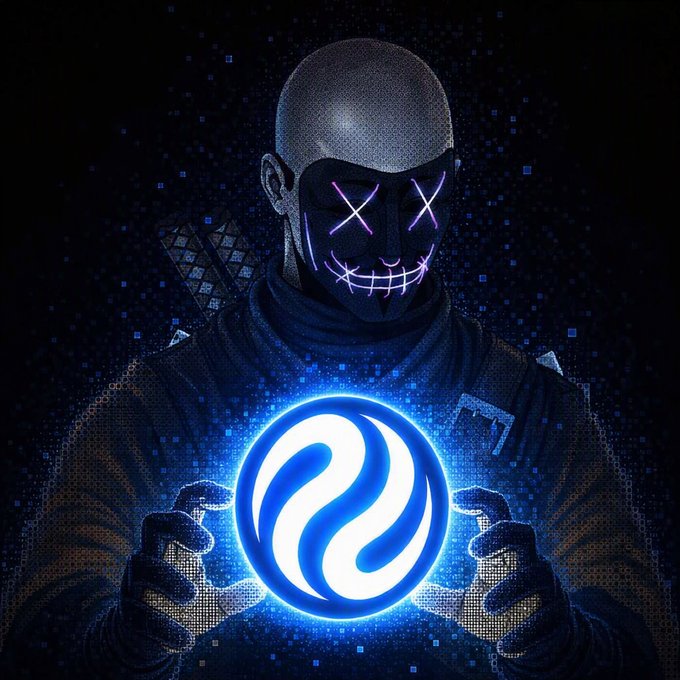 A digital artwork showing a figure in dark clothing and a mask with glowing purple X-eyes and a stitched smile, holding a glowing blue circular emblem with a stylized 'S' logo.